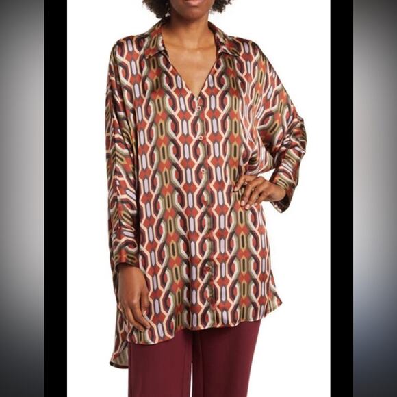 NEW BY DESIGN Marissa Collared Poly Silk Tunic In Art Deco Size Large - Picture 1 of 8